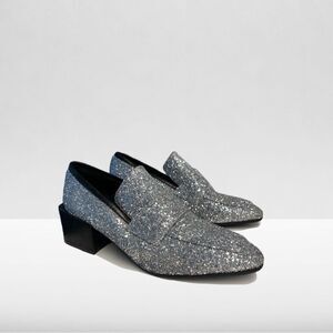Stuart Weitzman Silver Sparkly Glitter Block Heel Slipon Loafers Size 9